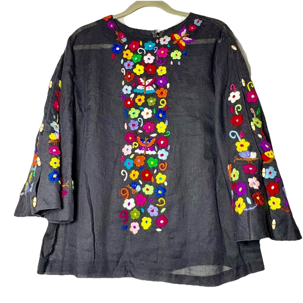 VTG 60s 70s Shirt Sheer Hand Embroidery Accents Boho Flowers Angel Sleeves Med N